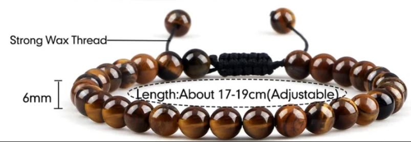 Men and Women’s Natural Tiger Eye Stone Bracelet, 6mm Round Beads, Braided String Bracelets & Bangles, Handmade Adjustable Yoga Wrist Jewelry