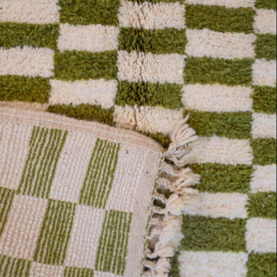 Checkered Rug Green and White Colour Wool Beni Ourain Moroccan Rug - Authentic Moroccan