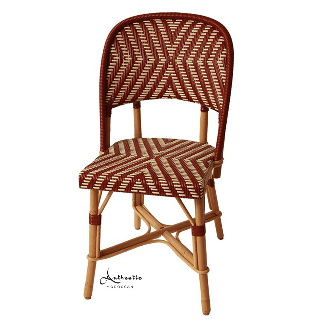 French bistro rattan chairs in terrace in red with beige satin - Authentic Moroccan