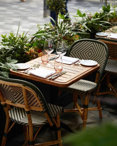 French bistro rattan chairs in terrace in Olive green with beige satin - Authentic Moroccan 