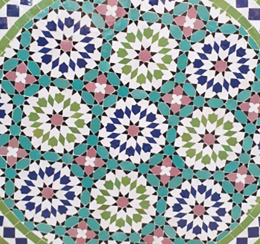 Moroccan Zellige Mosaic Table Garden Outdoor round table tiles handmade blue, pink. black and green traditional design - Authentic Moroccan
