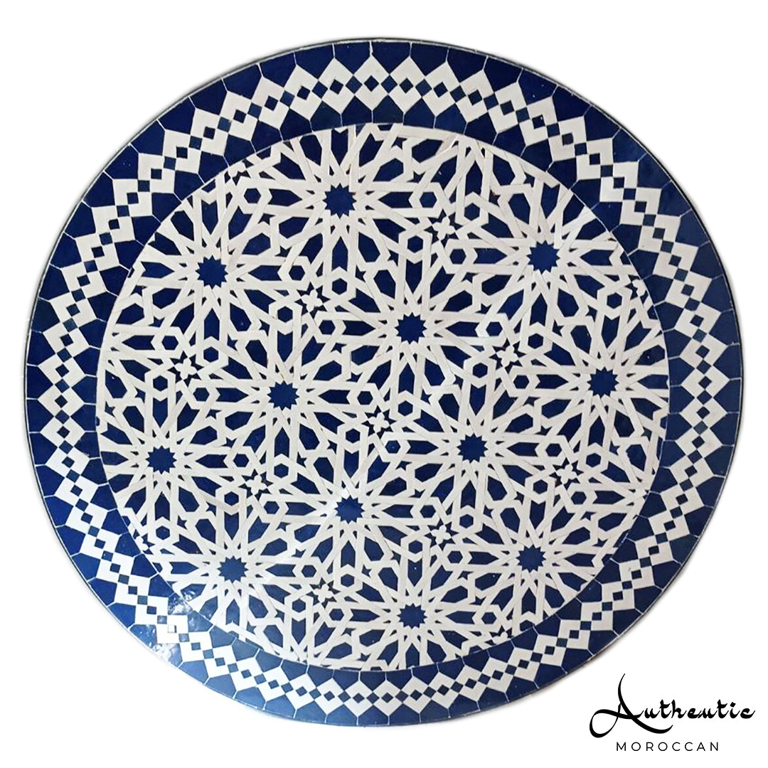 Moroccan Zellige Mosaic Table Garden Outdoor round table tiles handmade blue and white traditional design - Authentic Moroccan