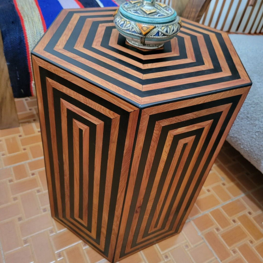 Red Cedar Hexagon Wood Table with Black resin side table - Authentic Moroccan