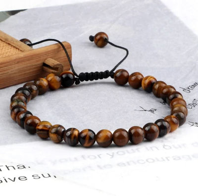 Men and Women’s Natural Tiger Eye Stone Bracelet, 6mm Round Beads, Braided String Bracelets & Bangles, Handmade Adjustable Yoga Wrist Jewelry