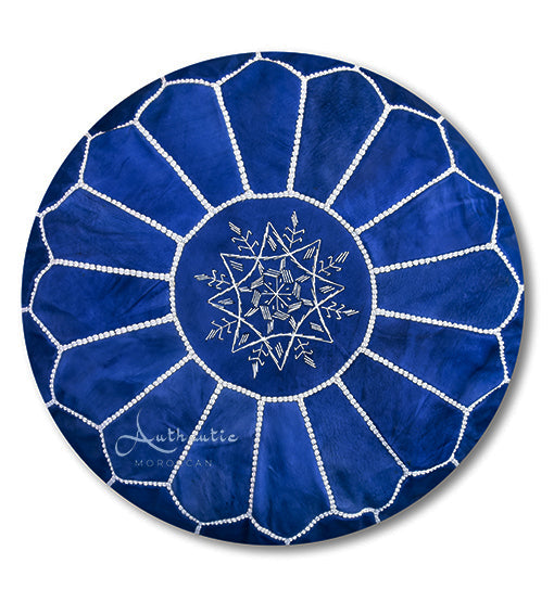 Moroccan Leather Pouffe, Royal Blue