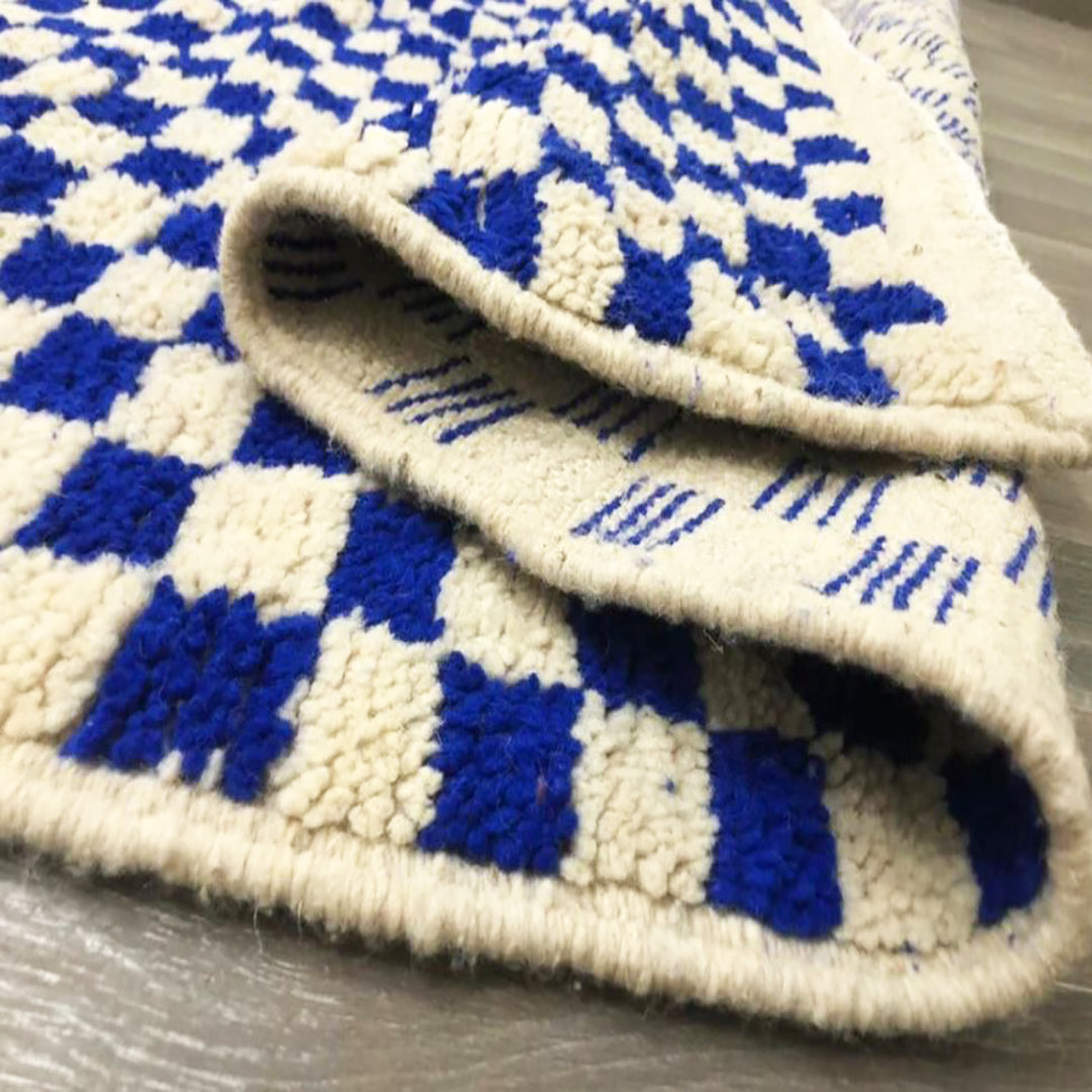 Checkered Rug blue and Cream white Colour Wool Beni Ourain Moroccan Rug - Authentic Moroccan