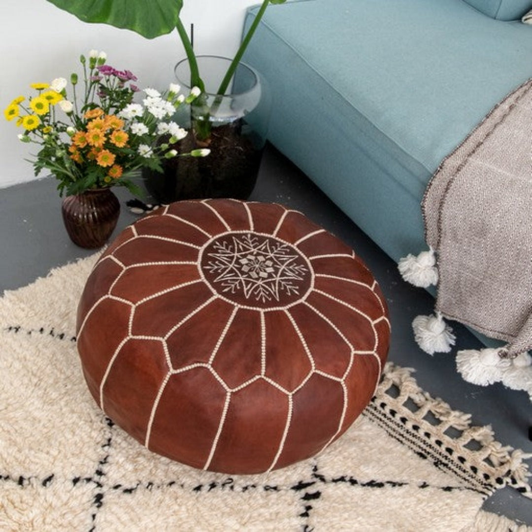 Set of 2 Moroccan Pouf, Handmade leather pouffe factory Ottoman footstools poufs, natural genuine leather pouf Home decor boho decor Browan