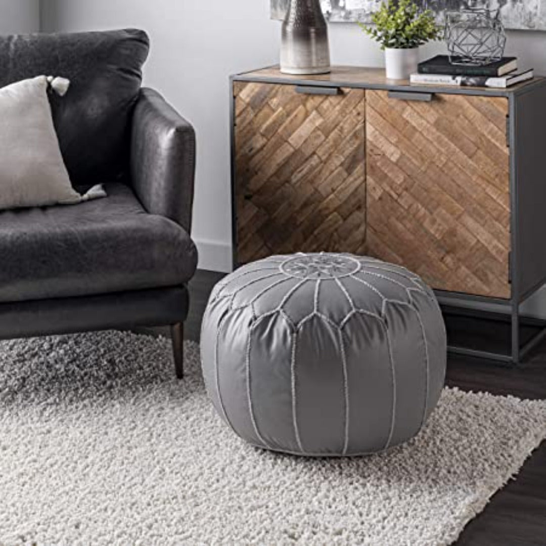 Moroccan Leather Pouffe, Dark Grey