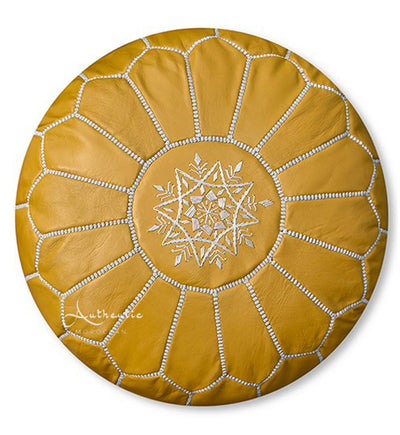 Moroccan Leather Pouffe, Yellow