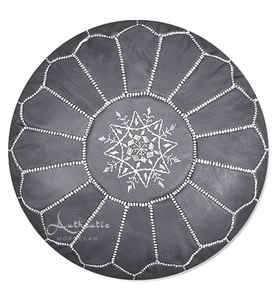 Moroccan Leather Pouffe, Dark Grey